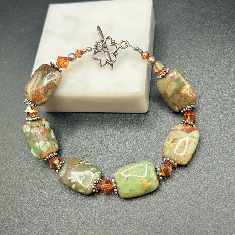 Green Stone Bracelet 925 silver clasp. Olive brown camo orange #100